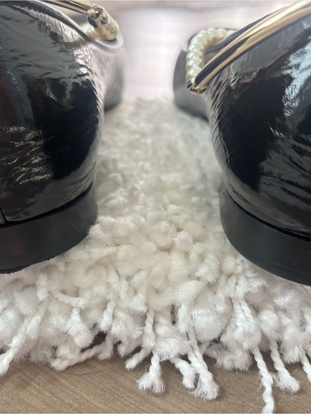 EUC CHANEL Black Quilted Leather Pearl-Ankle Flats with Gold and Pearl Hoop - Picture 3 of 5
